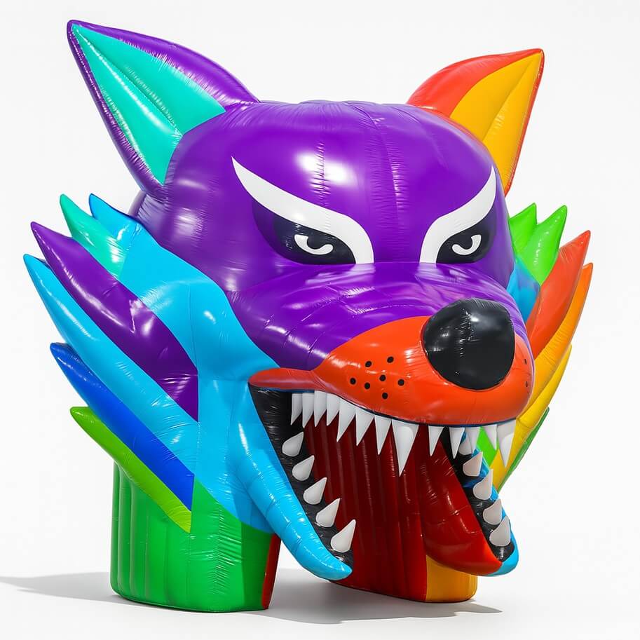 Farbenfroher aufblasbarer Wolfskopf mit scharfen Zähnen - idealer Eye-Catcher für Events, Paraden oder als Eingangstor bei Themenwelten.