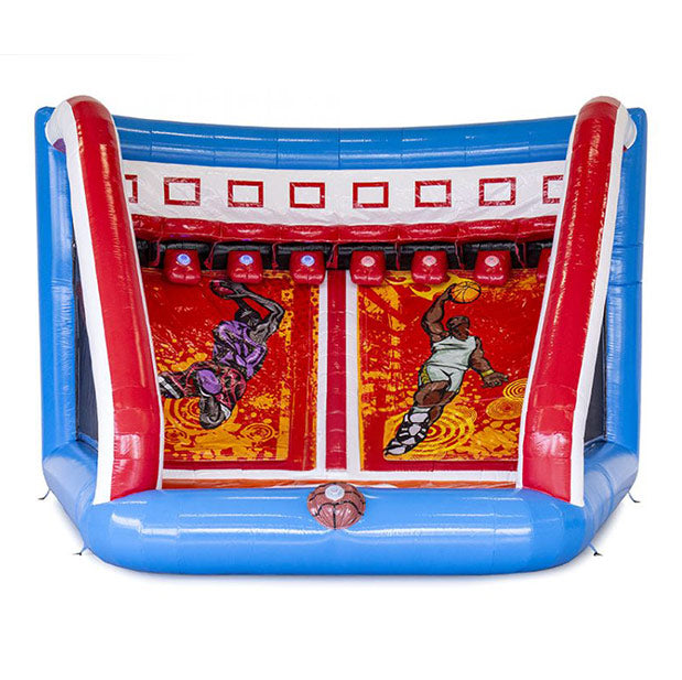 Aufblasbares Basketball Spiel zum mieten mit 8 Koerben in leuchtenden Farben.