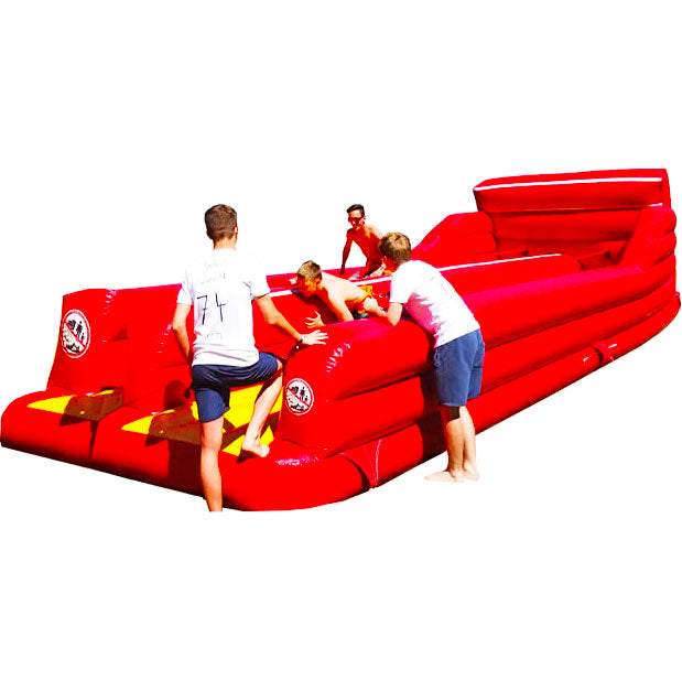 Aufblasbares Bungee Run in Rot-Gelb gehalten mit zwei Teilnehmern und zwei Zuschauern