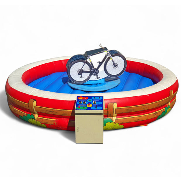 Aufblasbares Fahrrad Rodeo zum mieten in Rot-Weiss gehalten mit einem Steuerpult