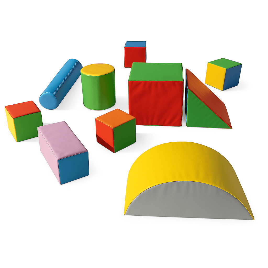 Neunteiliges Softplay-Baustein-Set aus bunten Schaumstoffformen wie Würfeln, Zylindern, Halbkreis und Rampe auf weißem Hintergrund mit realistischer Schattenwirkung.
