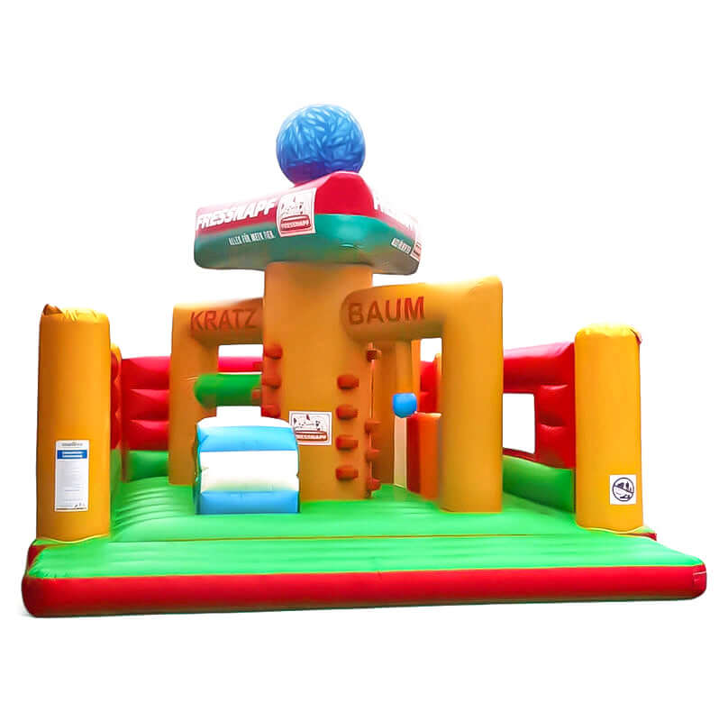 Aufblasbarer Kletterturm im Kratzbaum-Design mit Fressnapf-Branding – farbenfrohes Spielmodul für Kinder