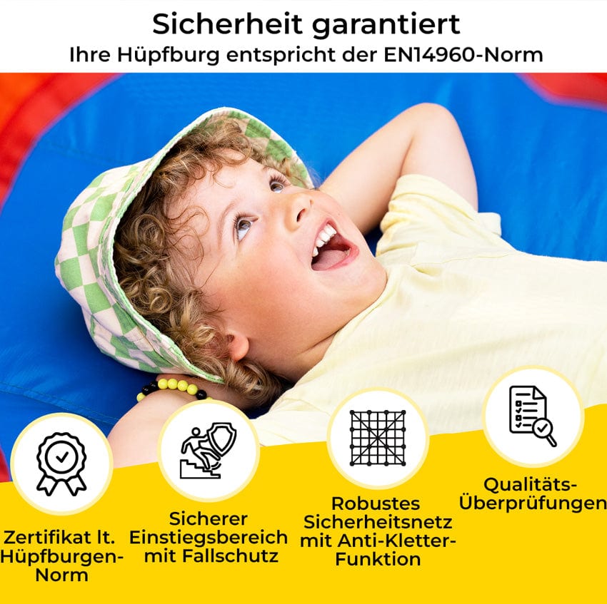 Sicherheit nach EN14960: Mit Fallschutz, Sicherheitsnetz & geprüfter Qualität ist Ihre Hüpfburg bestens geschützt - für sorgenfreies Spielen.