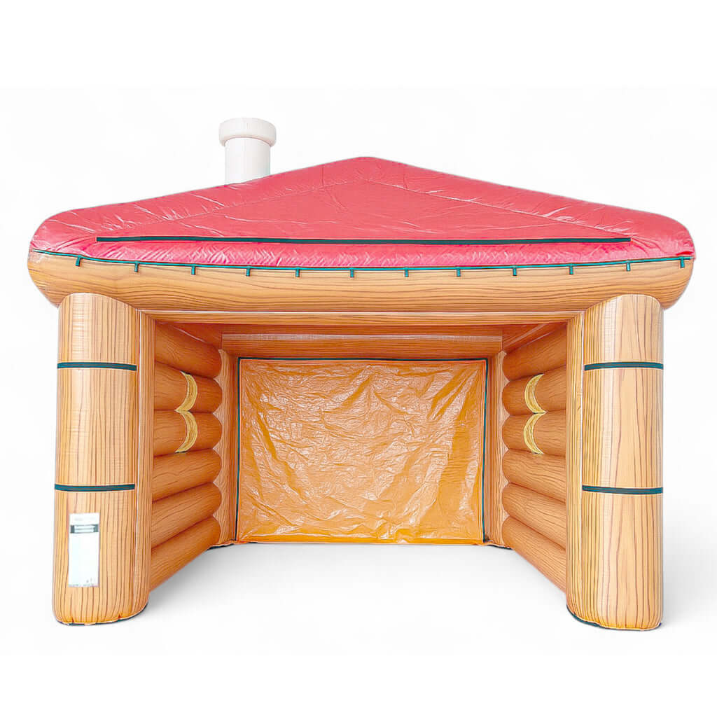 Eine aufblasbare Zelt, mit flüster Motor. In Form einer Holzhütte.