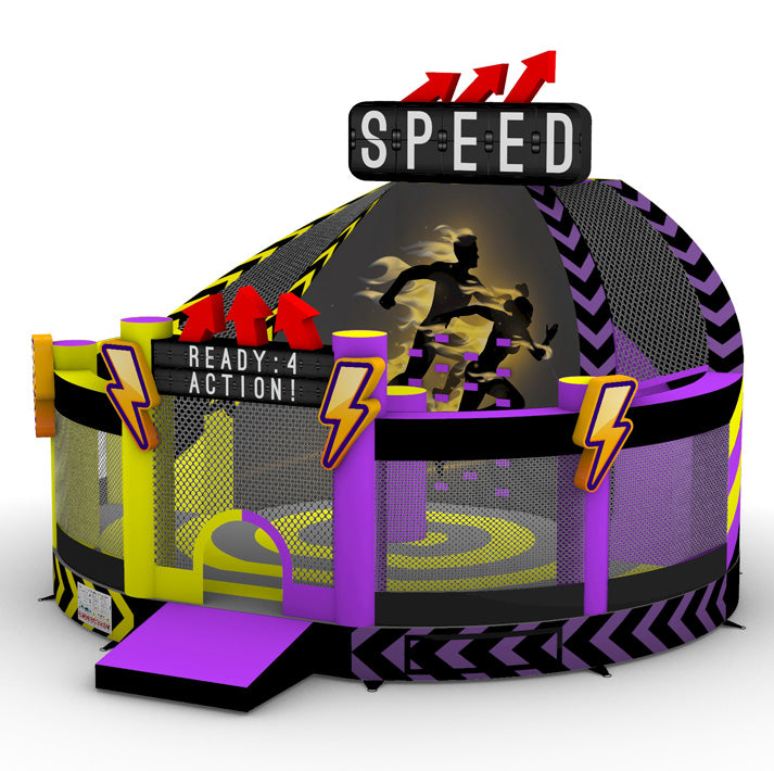 Detailansicht: Runde Hüpfburg Action-Power Maxi in Schwarz/Gelb/Violett mit XL Rutsche, "SPEED"-Schild und läufenden Silhouetten