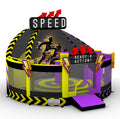 Coole Action-Hüpfburg im SPEED-Design mit grellen Farben, Blitzen und Rennmotiven - perfekt für sportliche Kids mit Energie und Bewegungsdrang.