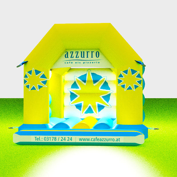 Hüpfburg Azzuro mit Sonnenmotiven - Aufblasbare Werbung | Werbeträger | Inflatables online kaufen! Hüpfburg Azzuro mit Sonnenmotiven - Aufblasbare Werbung | Werbeträger | Inflatables online kaufen!