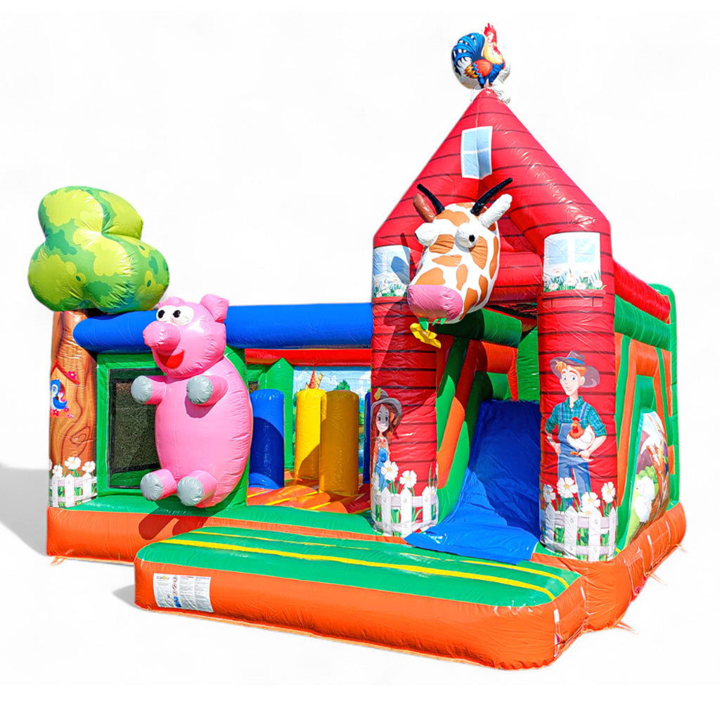 Vom Hersteller eine Sonderanfertigung, Hüpfburg im Bauernhof Look, mit vielen aufgeblasenen Tieren und Hindernissen.
