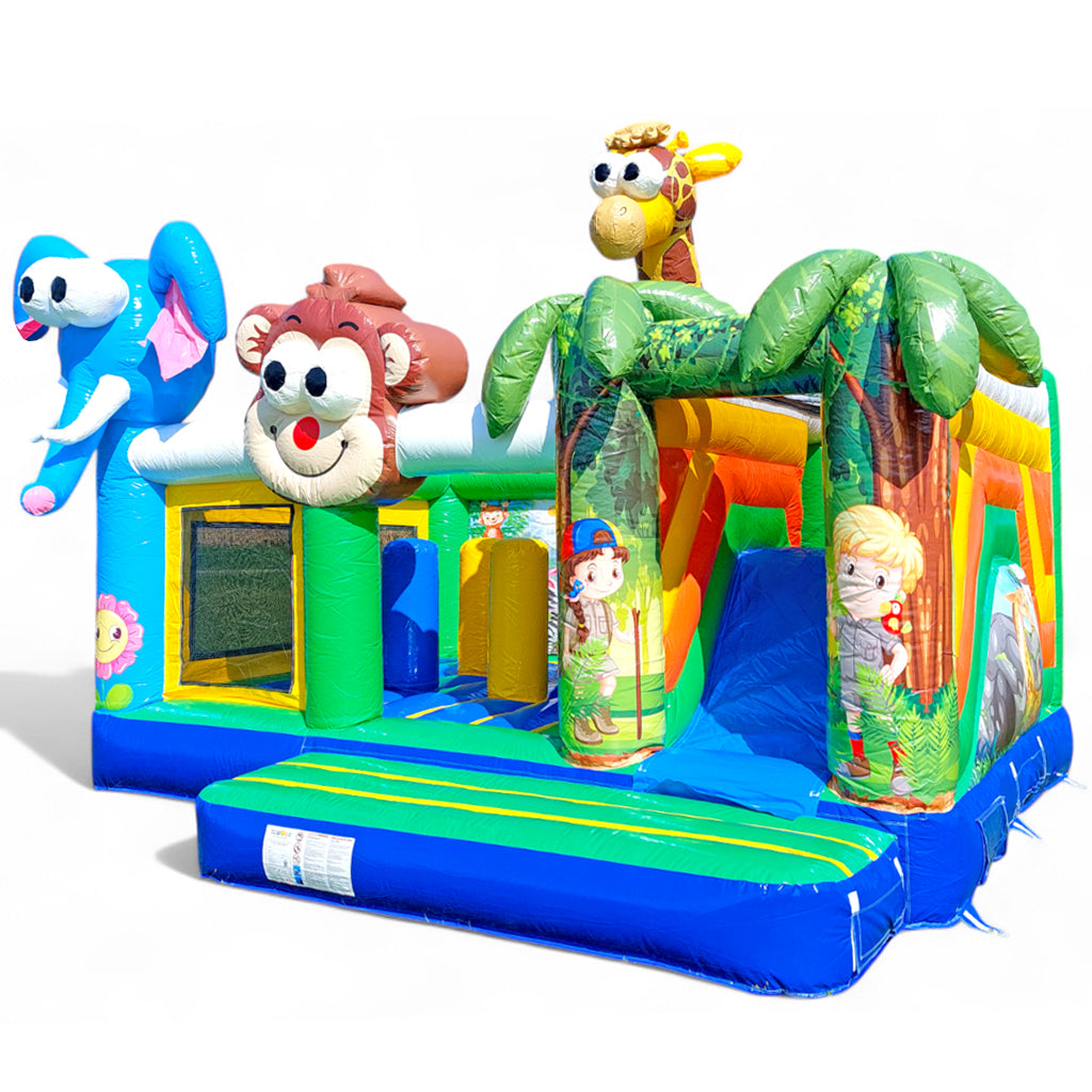 Aufblasbare Hüpfburg mit Rutsche im Dschungel-Design – farbenfrohes Eventmodul vom Hersteller, individuell gestaltbar