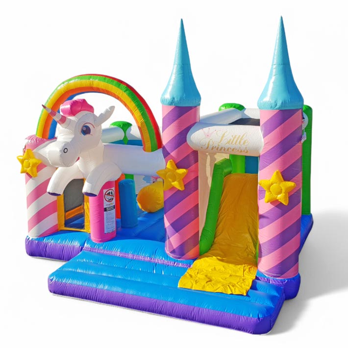 Eventmodul oder Hüpfburg mit individuell gestaltetes Design mit Rutsche, Hindernissen und aufblasbaren Einhorn und Regenbogen