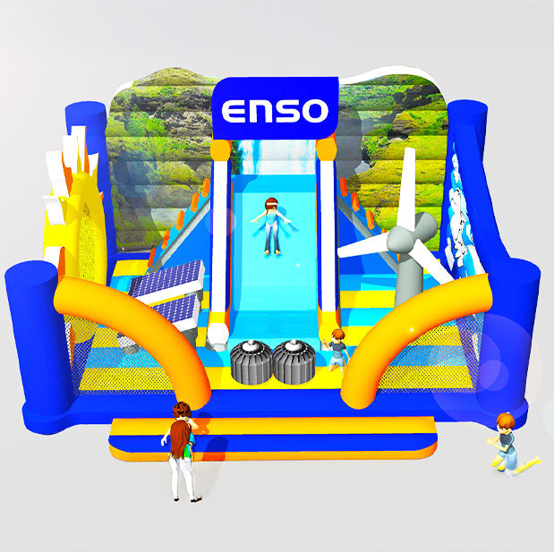 Hüpfburg von oben mit einer Rutsche und einem Windrad