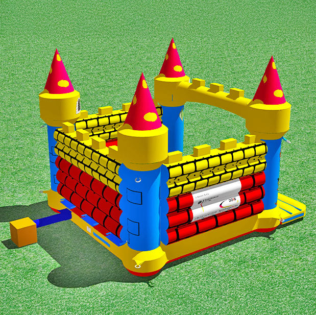 Hüpfburg mit Türmen auf einer Wiese in leuchtenden Farben