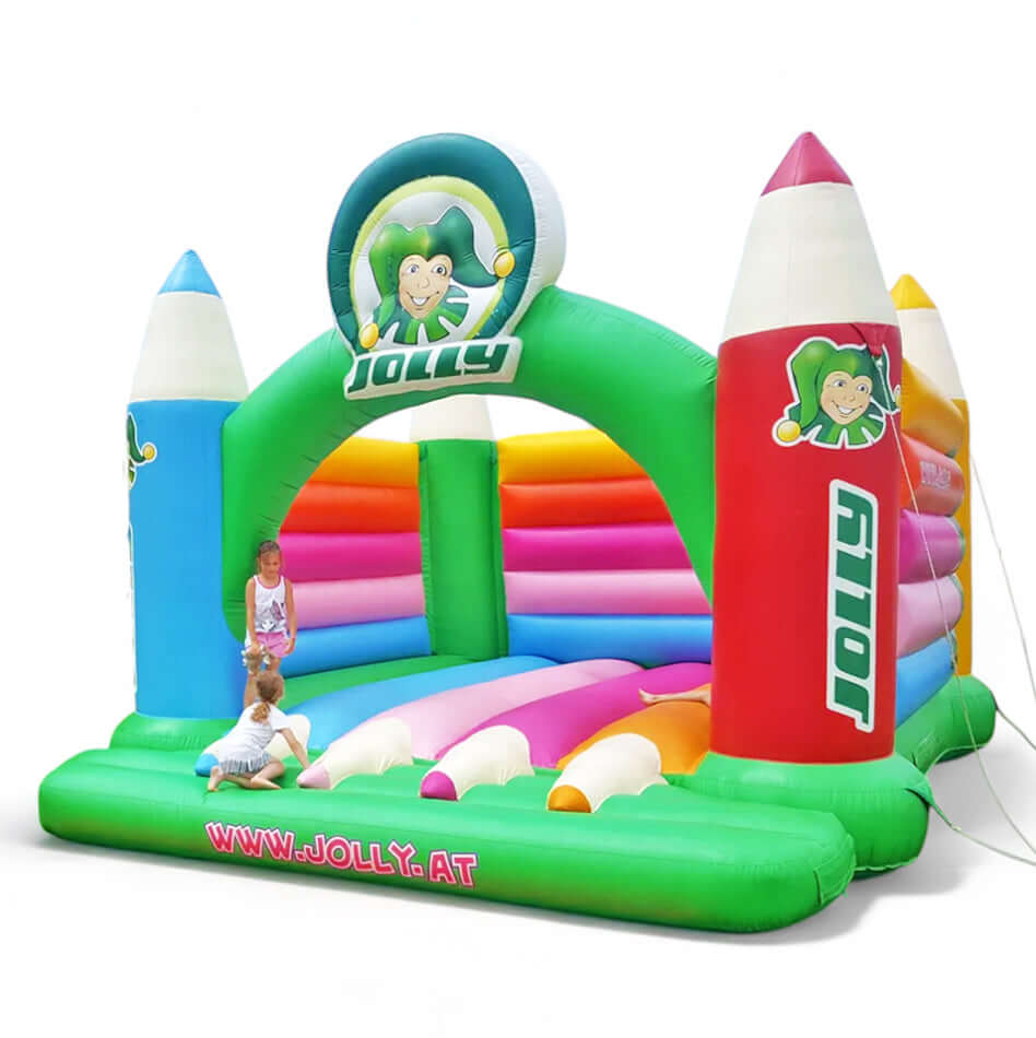 Aufblasbare Hüpfburg im Jolly Buntstift-Design – maßgeschneiderte Markenlösung für Kinderaktionen, Messen und Outdoor-Events
