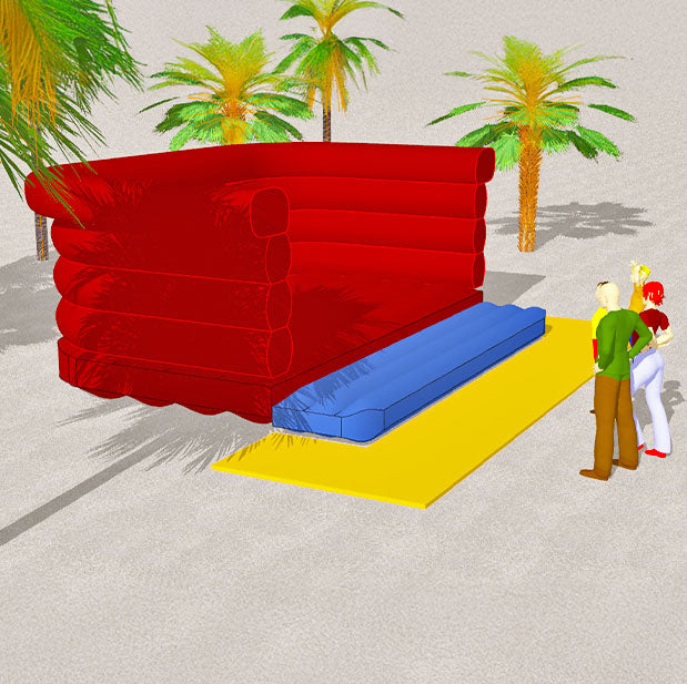 Aufblasbare Hüpfburg in leuchtenden Farben mit Menschen davor