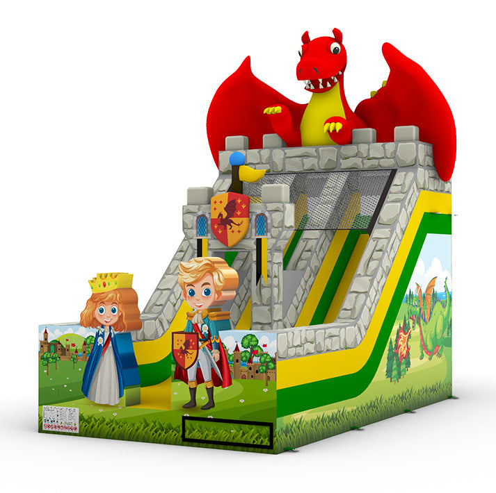 Aufblasbare Ritterburg mit Rutsche und Drachen - ein märchenhaftes Highlight für kleine Prinzen und Prinzessinnen.