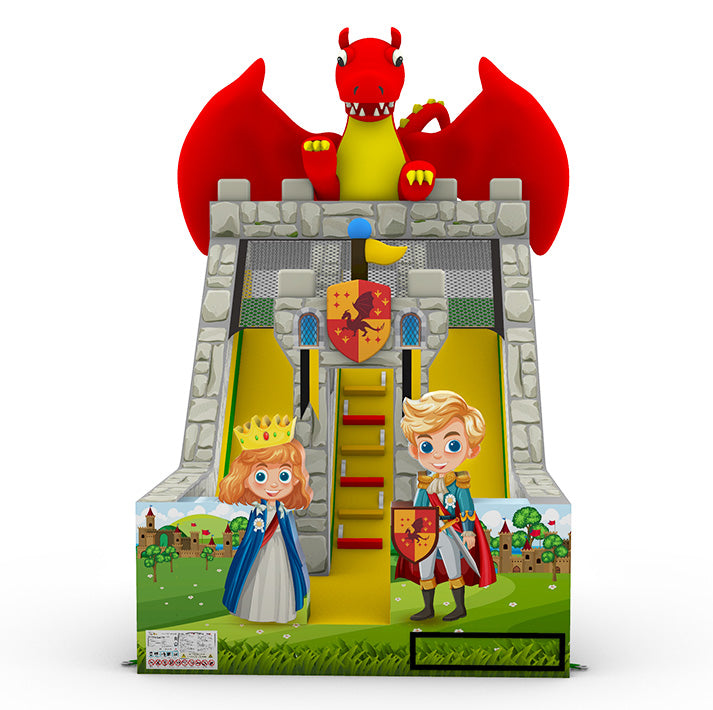 Märchenhafte Hüpfburg mit Rittermotiv und rotem Drachen - ideal für Kinderfeste, bei denen Prinzen und Prinzessinnen auf Burgabenteuer gehen möchten.