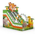 Seitenansicht: Riesenrutsche Dschungel in Grün/Orange mit Tiger, Giraffe, Nashorn und Elefanten-Druck - professionelle Eventrutsche von Happy Fun GmbH