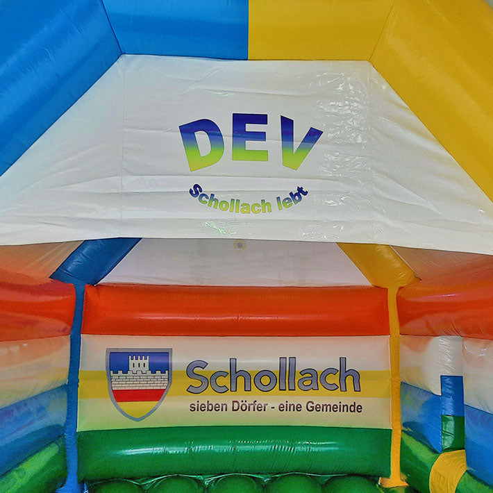 Hüpfburg mit Werbung DEV Gemeinde mit Rutsche - Aufblasbare Werbung | Werbeträger | Inflatables online kaufen! Hüpfburg mit Werbung DEV Gemeinde mit Rutsche - Aufblasbare Werbung | Werbeträger | Inflatables online kaufen!