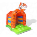 Hüpfburg Tiger mit Orangem Dach und blau-gelbem Wänden.