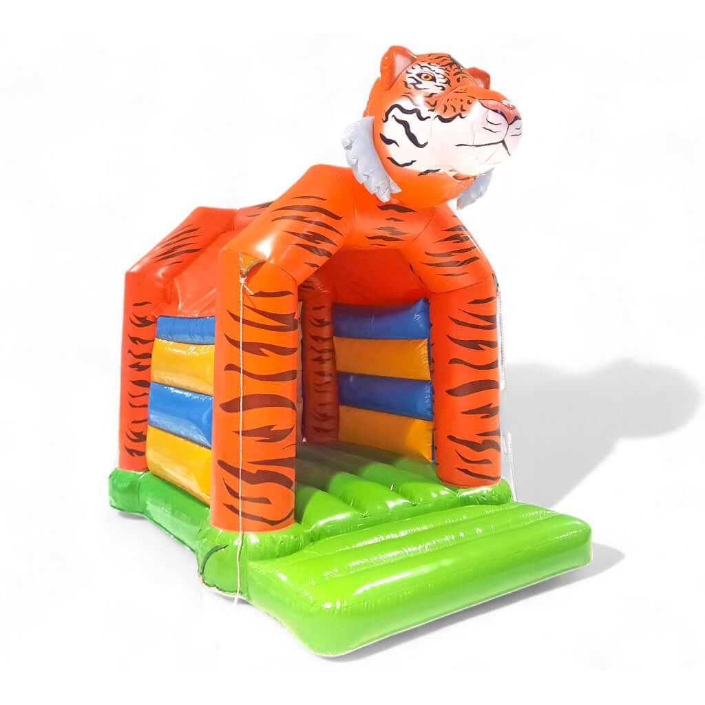 Hüpfburg Tiger mit Orangem Dach und blau-gelbem Wänden.