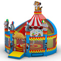 Seitenansicht: Runde Hüpfburg Zirkus Maxi in Rot/Weiß/Blau mit XL Rutsche, Tiger-Topper und Seehunden - professionelle Hüpfburg von Happy Fun GmbH