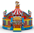 Detailreiche Zirkus-Hüpfburg mit Tigerfigur und buntem Zelt-Design - ideal für Kinderfeste, Stadtfeste und Eventveranstalter.