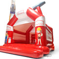 Rote Werbe-Hüpfburg in Hausform mit Markenlogo, Bauhelm-Figur und aufblasbarem Werkzeug