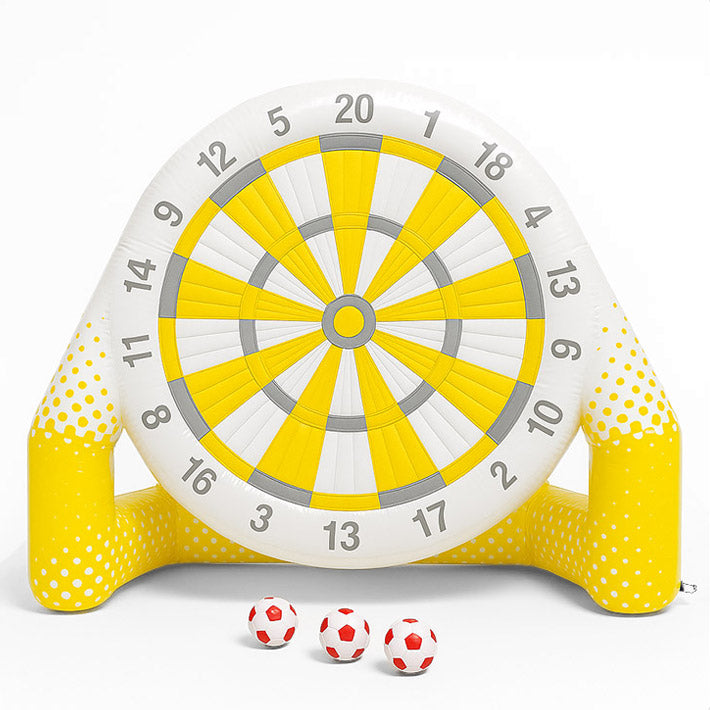 Aufblasbare Fußball-Dartscheibe im Gelb-Weiß-Design – individuell gestaltbar für Events und Markenaktionen