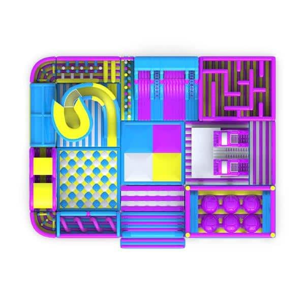 Aufblasbare Hüpfburg geeignet für einen Indoorspielplatz mit Rutsche, Labyrinth und vielen weiteren Attraktionen von oben