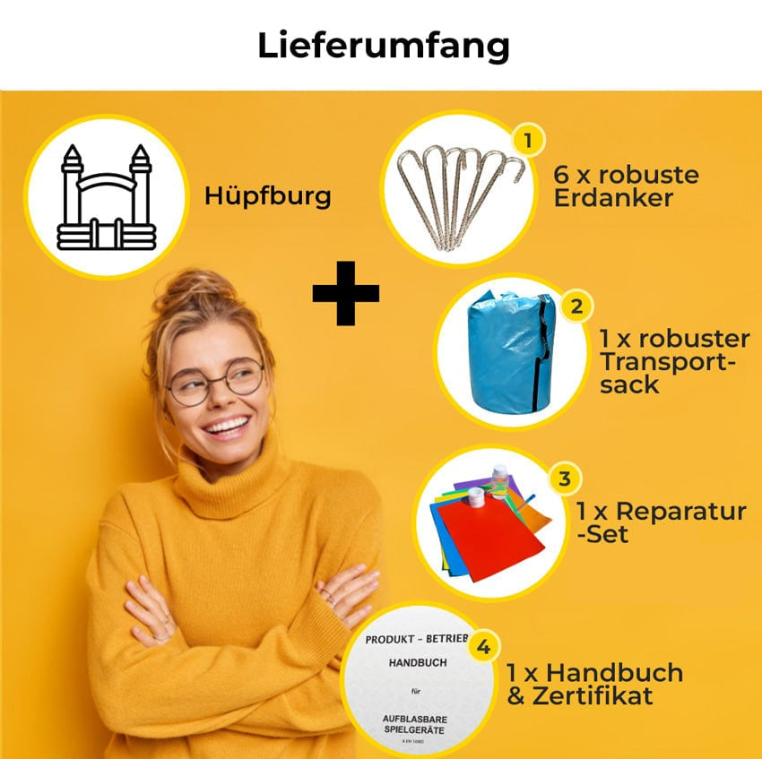 Im Lieferumfang enthalten: Hüpfburg, 6 Erdanker, robuster Transportsack, Reparatur-Set sowie Handbuch und Zertifikat gemäß EN 14960.