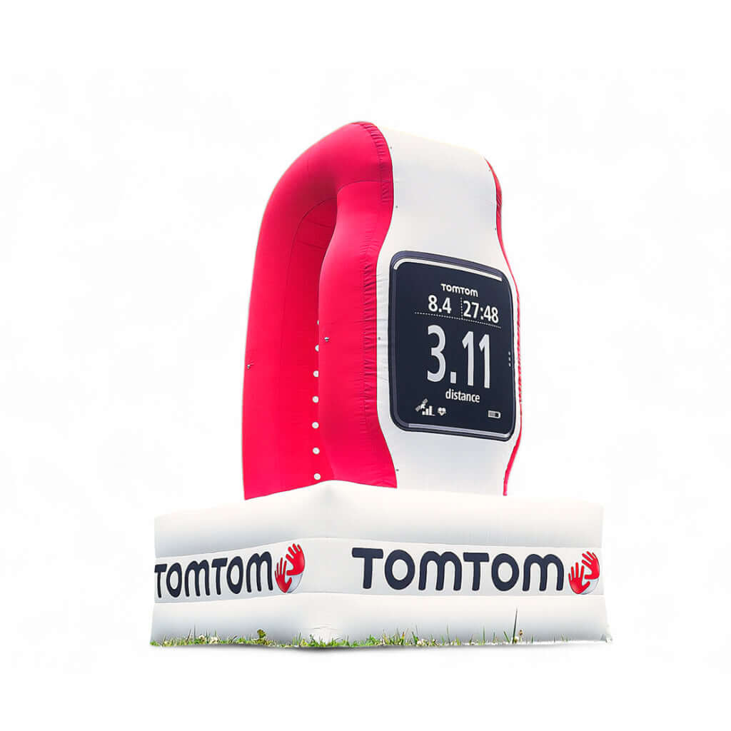 Eine aufblasbare Produktnachbildung einer weiß-roten Smart Watch.