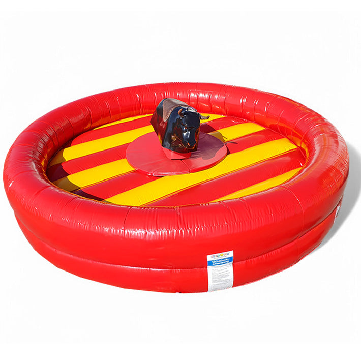 Mechanischer Rodeo Bulle in den Farben rot, gelb und schwarz