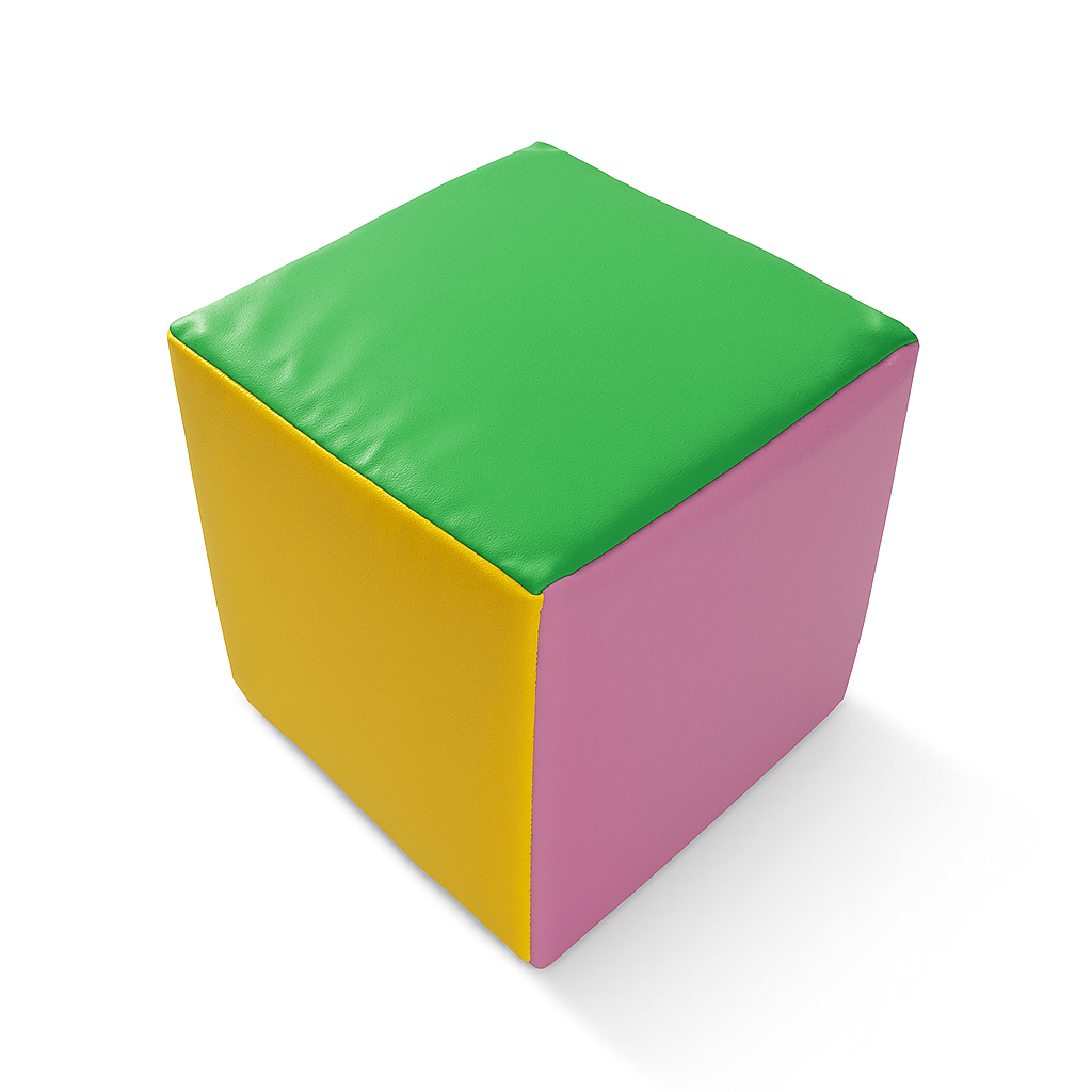 Weicher Softplay-Würfel mit grüner Oberseite, gelber und rosa Seitenfläche, aus strapazierfähigem PVC gefertigt, ideal für Kleinkinder und Spielbereiche