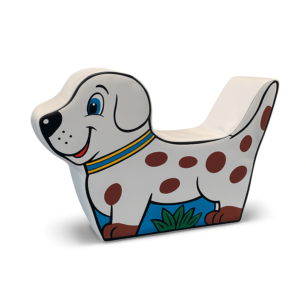 Freundlich gestaltetes Softplay Element in Form eines weissen Hundes mit braunen Punkten, blauer Wiese und gelbem Halsband aus PVC – ideal fuer Kinderspielbereiche und Motoriklandschaften