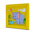Softplay Puzzle mit neun gepolsterten Teilen in gelbem PVC-Rahmen, zeigt einen freundlich blickenden Elefanten an einer Wasserstelle mit Sonne, Wolken und Pflanzen – ideal fuer Spielbereiche mit motorischem Lernfaktor