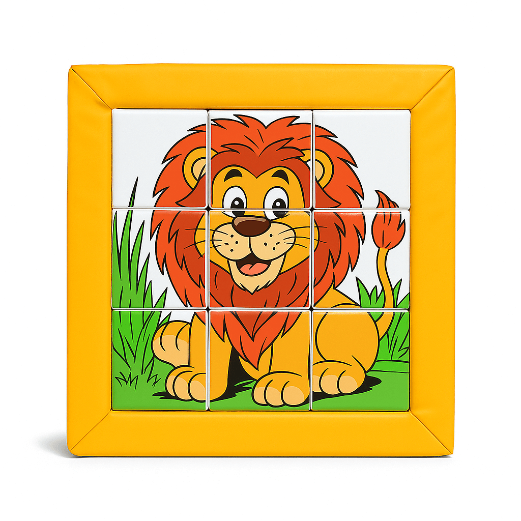Kindgerechtes Softplay Puzzle mit neun quadratischen Teilen und freundlich gestaltetem Loewenmotiv, eingebettet in einem gepolsterten gelben PVC-Rahmen – ideal fuer Kleinkinder und motorisches Lernen im Spielbereich