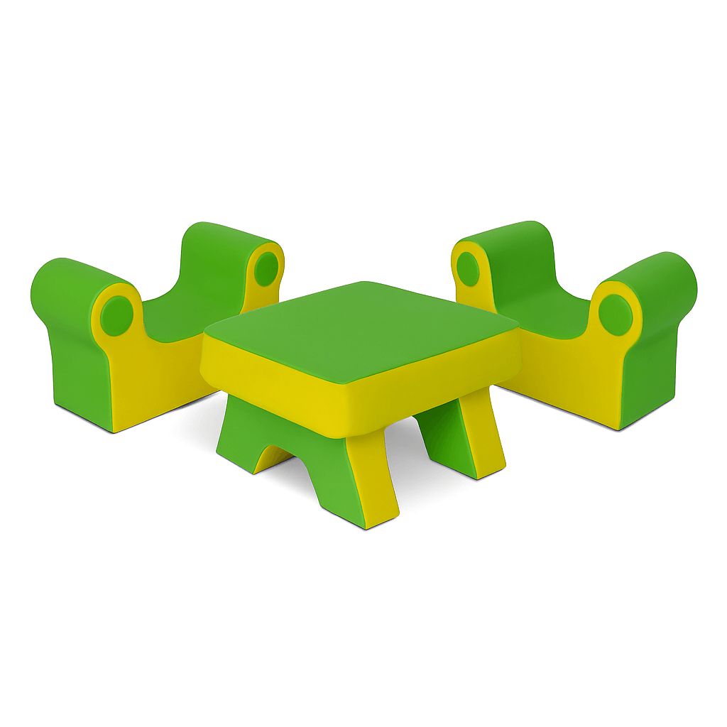 Kindgerechte Softplay Sitzgruppe bestehend aus zwei gepolsterten Sesseln und einem Tisch in Gruen-Gelb aus strapazierfaehigem PVC – ideal fuer Spielzonen und Kleinkindbereiche