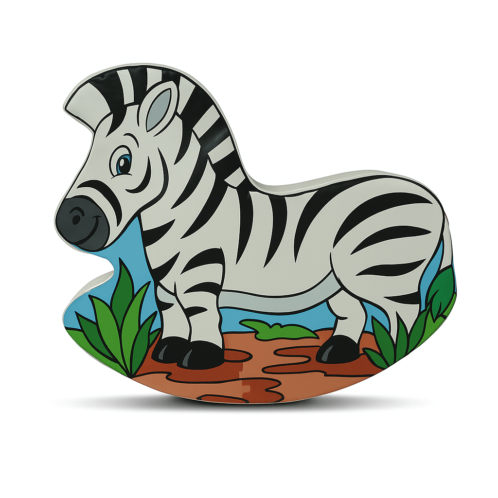 Weiches Softplay Element in Form eines freundlich gestalteten Zebras mit schwarzen Streifen, stehend auf einer afrikanischen Landschaft mit Pflanzen, ideal als Wippe oder Sitzmodul im Spielbereich
