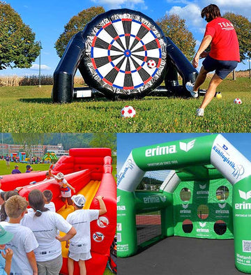 Verschiede aufblasbare Sport-Spiele wie Fussball-Dart, Torschusswand und Bungee-Run.