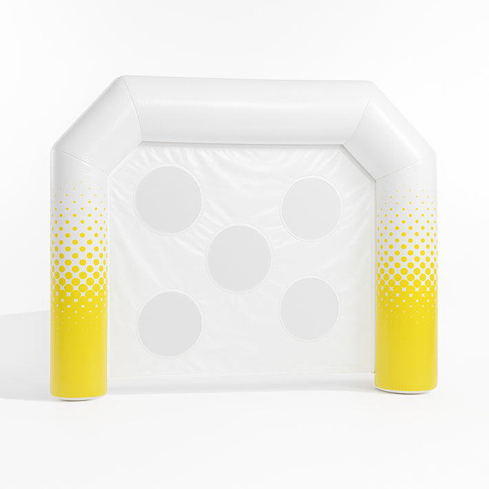 Aufblasbarer Werbe Torbogen mit Torschusswand-Funktion – gelb-weißes 2-in-1 Modul, individuell gestaltbar