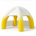 Aufblasbares Werbezelt mit 4 Beinen – rundes Zeltmodul mit Gelb-Weiß-Design, vollflächig individuell bedruckbar
