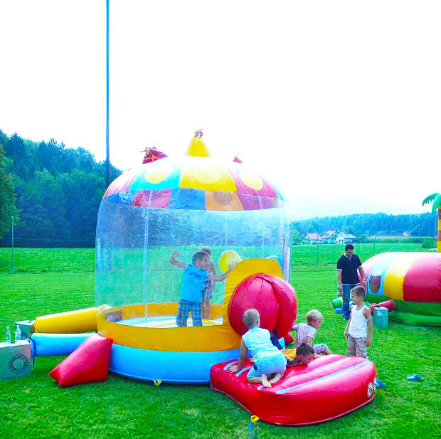 Froehliche Kinder in einem Windballon mit Luftballons und einem Geblaese auf der Seite auf einer gruenen Wiese