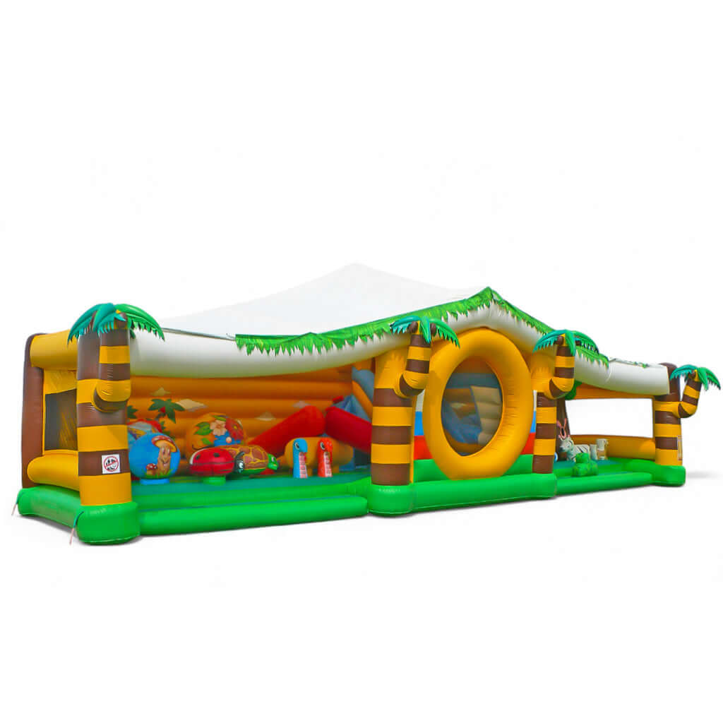 Active Center Hüpfburg Regenwald mit Rutsche und interaktiven Elementen – ideal für Events und Kinderfeste.