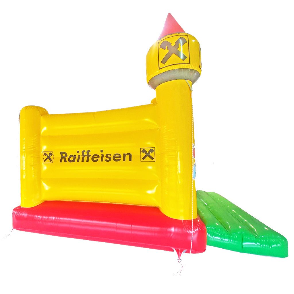 Individuell gefertigte Raiffeisen-Hüpfburg in Gelb-Rot – Markenhüpfburg kaufen mit Wunschdesign