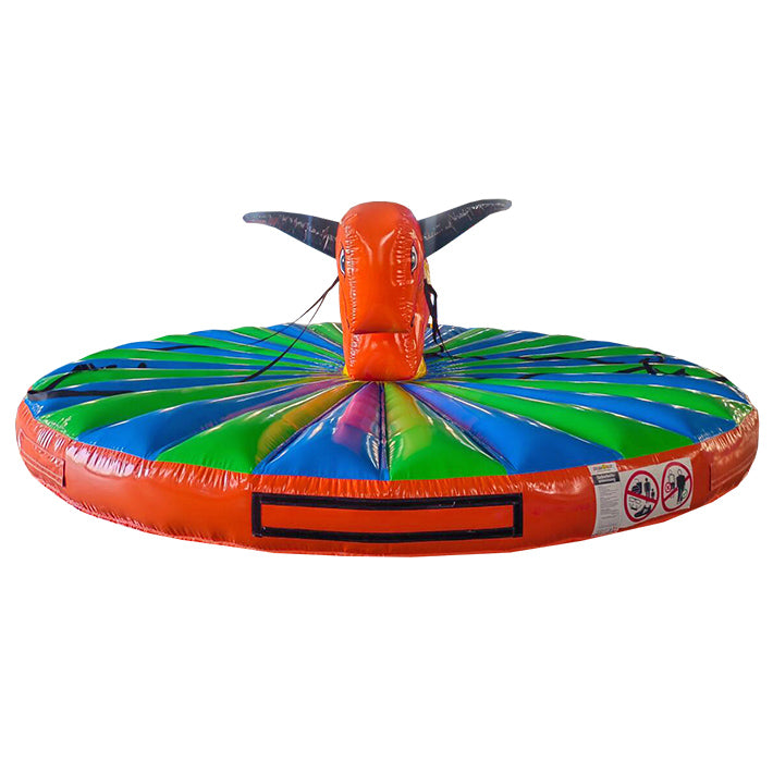 Rodeo Stier mit Hoerner in leuchtenden Farben von vorne auf weissem Hintergrund.