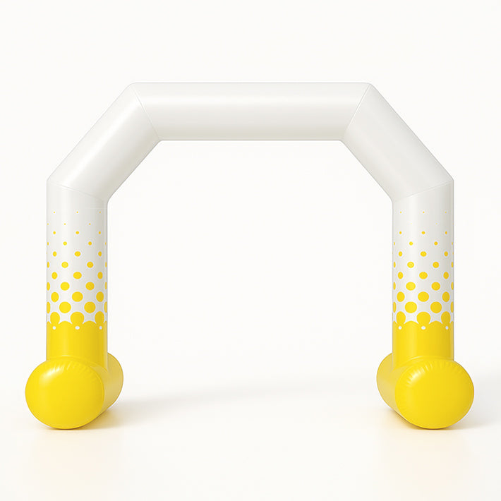 Aufblasbarer Halb-Torbogen mit Standfuß – abgeschrägte Form, gelb-weißes Design, individuell gestaltbar für Events