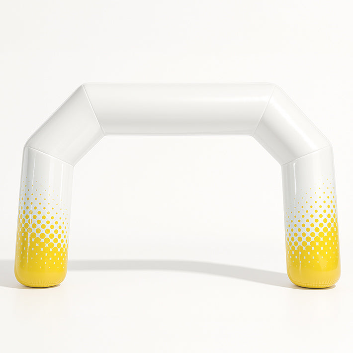 Abgeschrägter aufblasbarer Torbogen in Gelb-Weiß – individuell gestaltbar, ideal für Startbereiche und Events