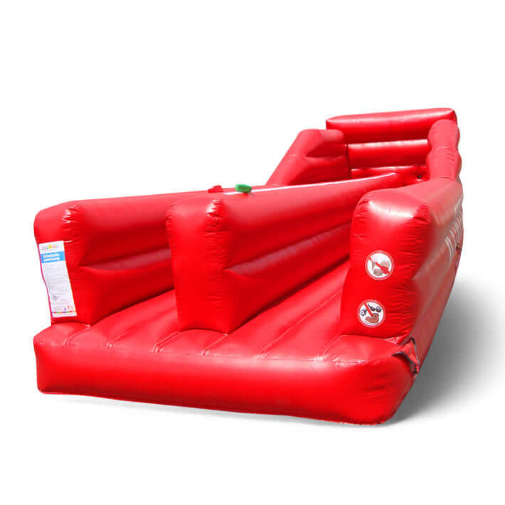 Aufblasbares Bungee-Run-Modul in Rot mit zwei Spielern, die gesichert durch Gummiseile gegeneinander antreten