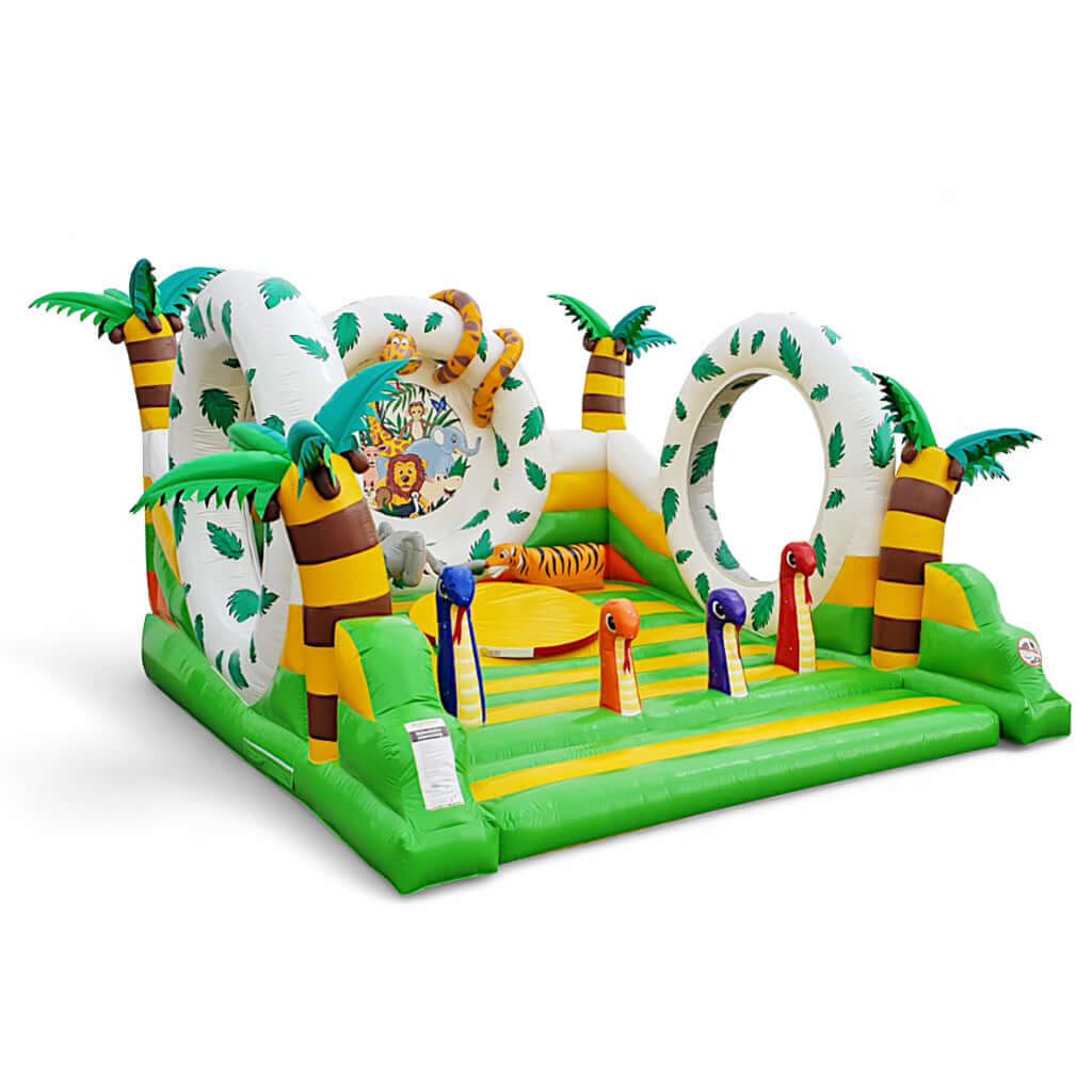 Aufblasbare Drehbühne Dschungel in Grün, Gelb und Weiß mit Palmen, Schlangen und wilden Tieren – ideales Geschicklichkeitsspiel für Abenteuerfans.