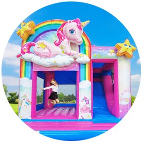 Bunte Einhorn-Hüpfburg für Kinder mit Regenbogenmotiv, ideal zum Kaufen für Outdoor-Events.